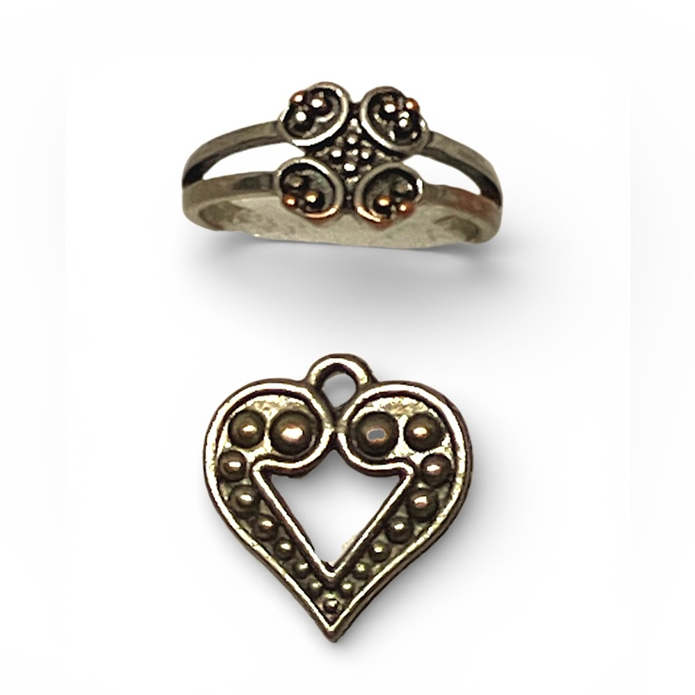 Vintage Metal Ring + Heart Pendant Set • Dotted Open Scroll Design • Ring Size 7